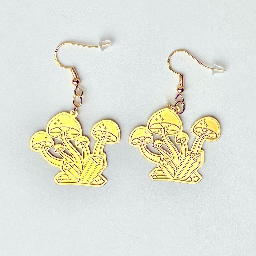 Mushroom earrings jewelry cluster magic shroom cottagcore psychedelic EDC gold